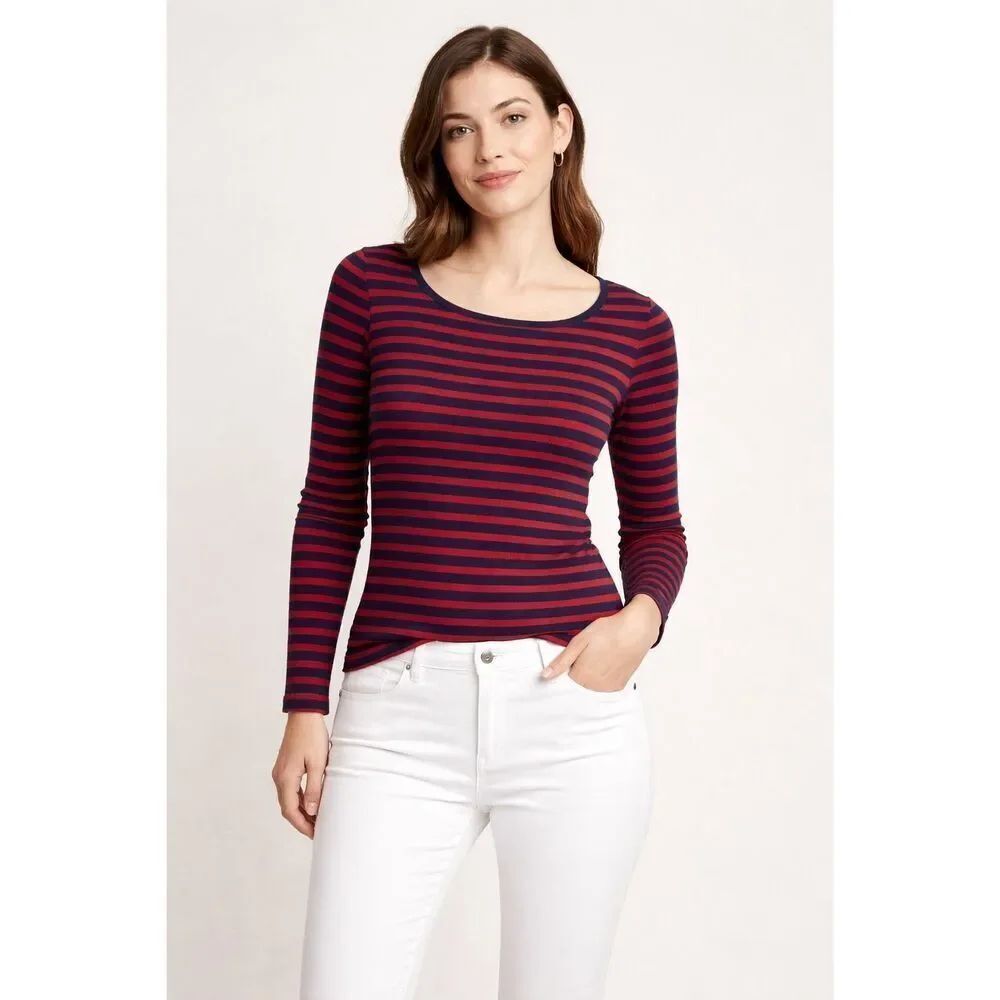 Banana Republic Petite XS Red Navy Striped Long Sleeve Top